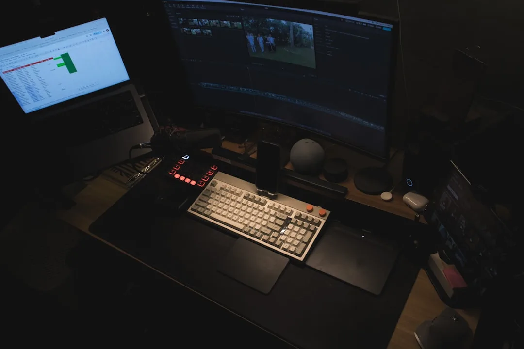 organized workspace with video editing software open