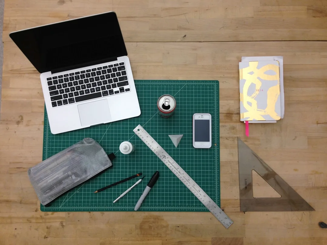 messy desk with creative tools
